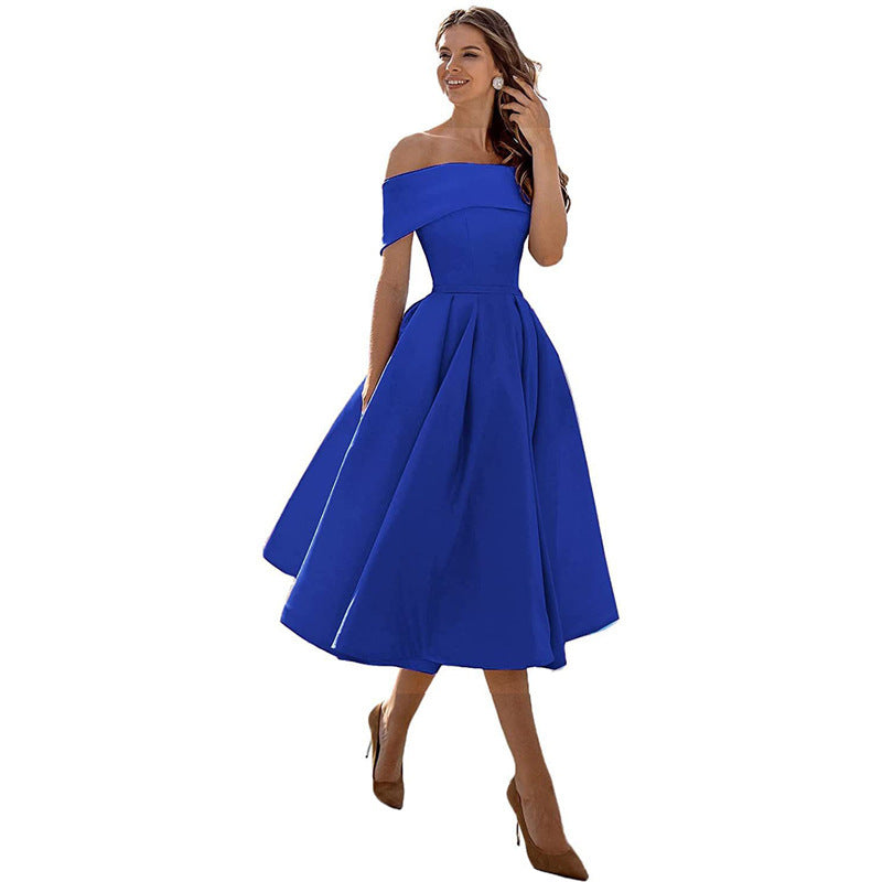 Ladies Off-Shoulder Cocktail Dress with Elegant Pleated Skirt