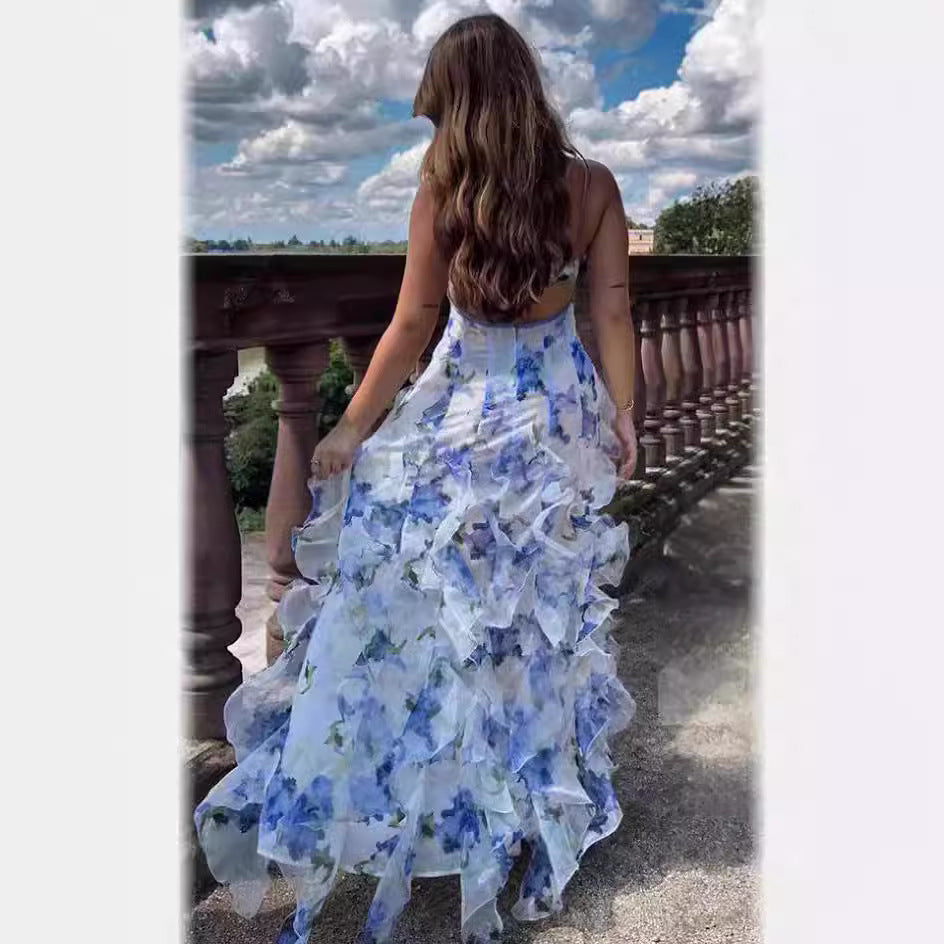 Ladies Maxi Dress Elegant Floral Print Organza Evening Dress – Chic and Romantic for Party and Special Occasions