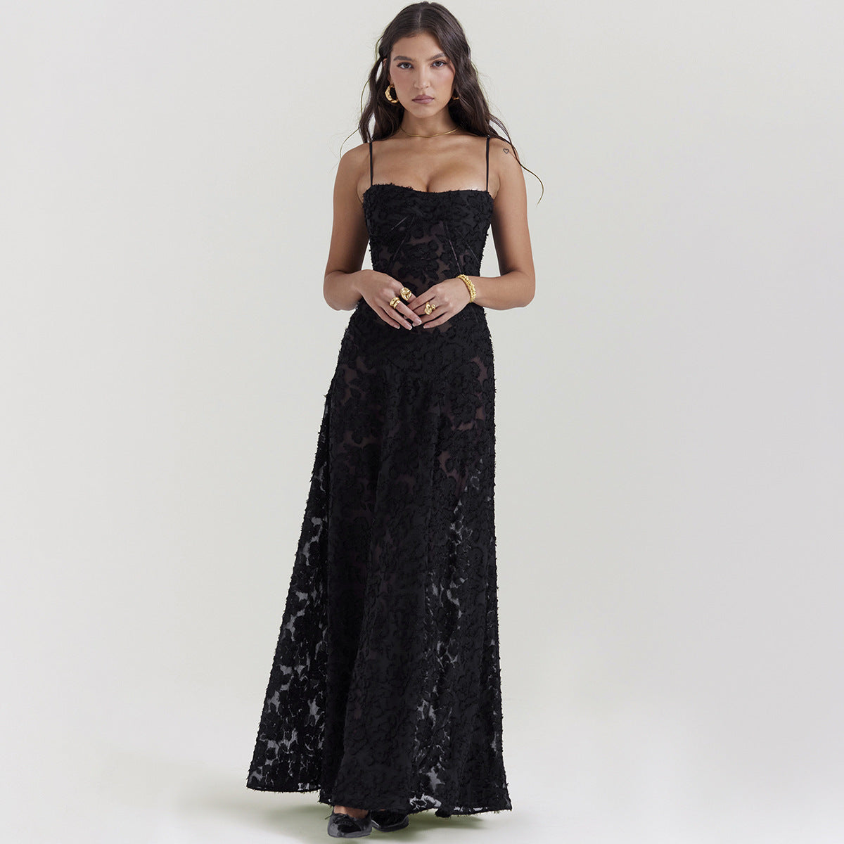 Ladies Elegant Evening Dress with Lace – Long Gala Dress with Spaghetti Straps