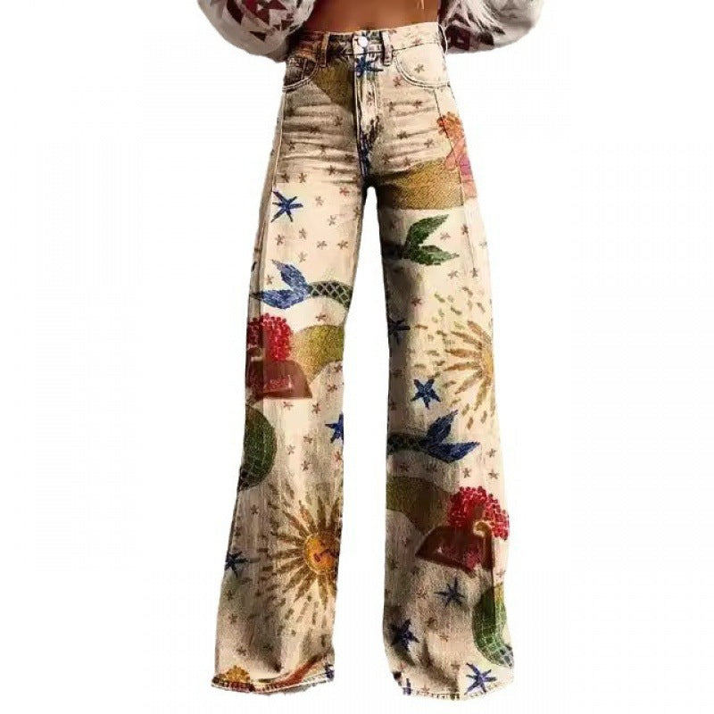 Charlotte – Printed High Waist Imitation Denim Wide Pants