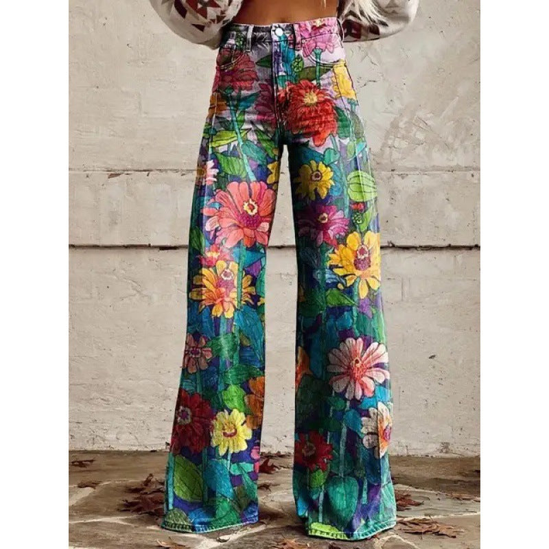 Charlotte – Printed High Waist Imitation Denim Wide Pants