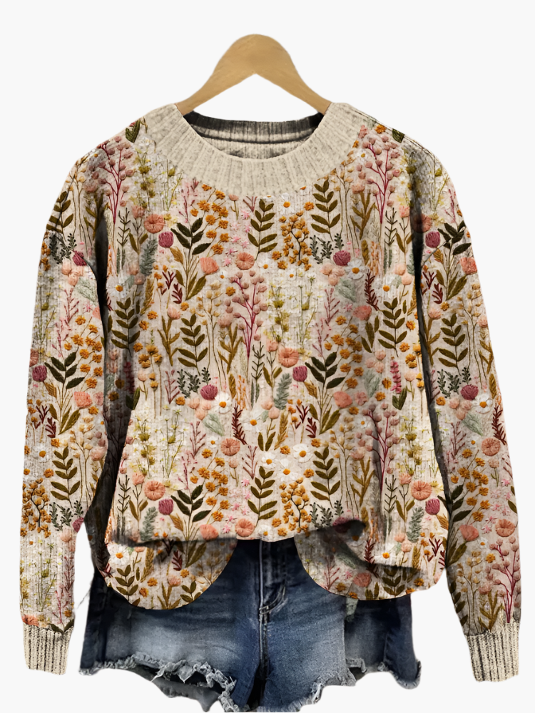 Women's Knitted Sweater with Floral Pattern – Casual Stylish Pullover for Every Day