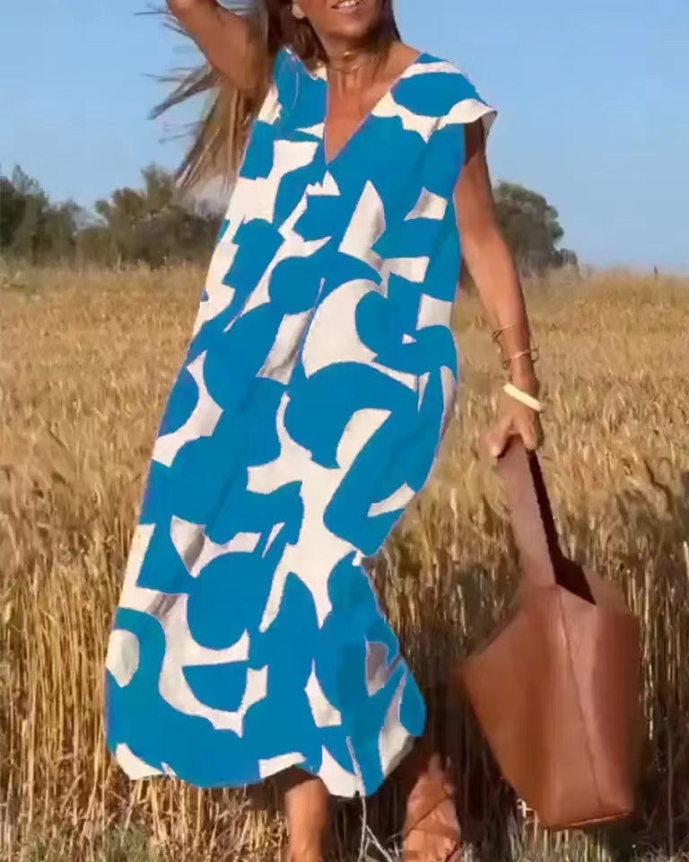 Women's Summer Maxi Dress with Graphic Design – V-Neck and Loose Fit
