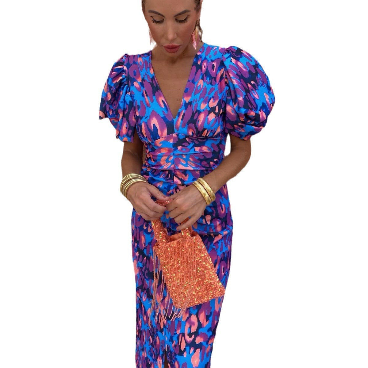 Women's Dress with Puff Sleeves and Elegant Print – Ideal for Parties and Summer Occasions