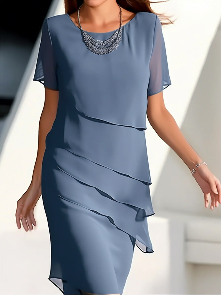 Women's layered dress with short sleeve – elegant cocktail dress for party & wedding