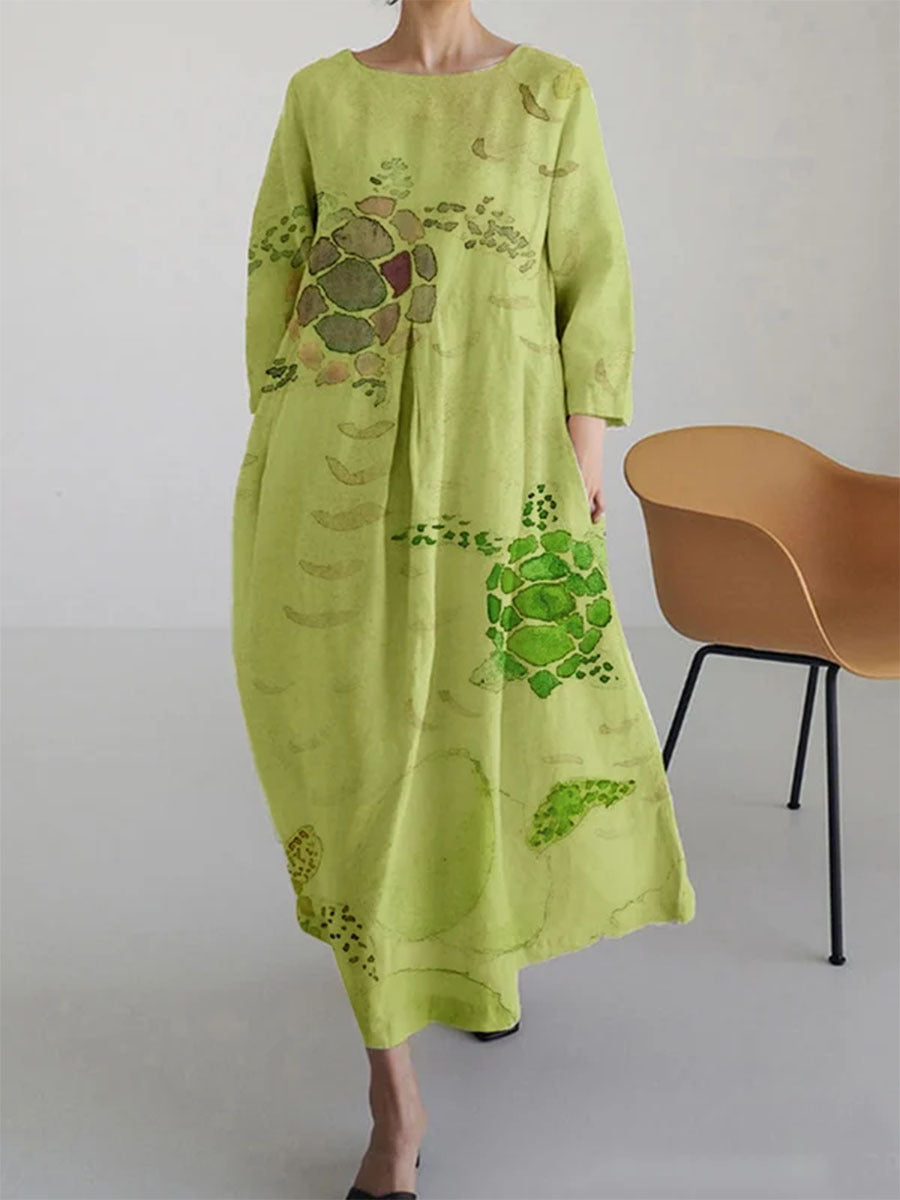 Bohemian Ladies Summer Dress with Loose Fit and 3D Floral Print in Linen Look