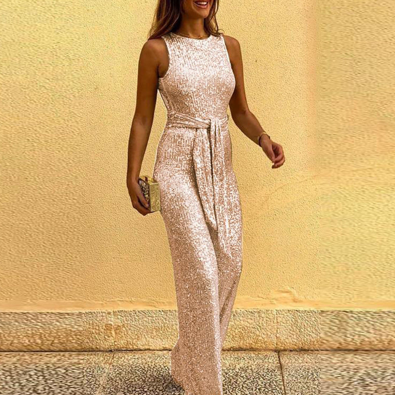 Robyn – Chic Women's Sleeveless Glitter Jumpsuit with Open Back and Bow at the Waist – Summer Style