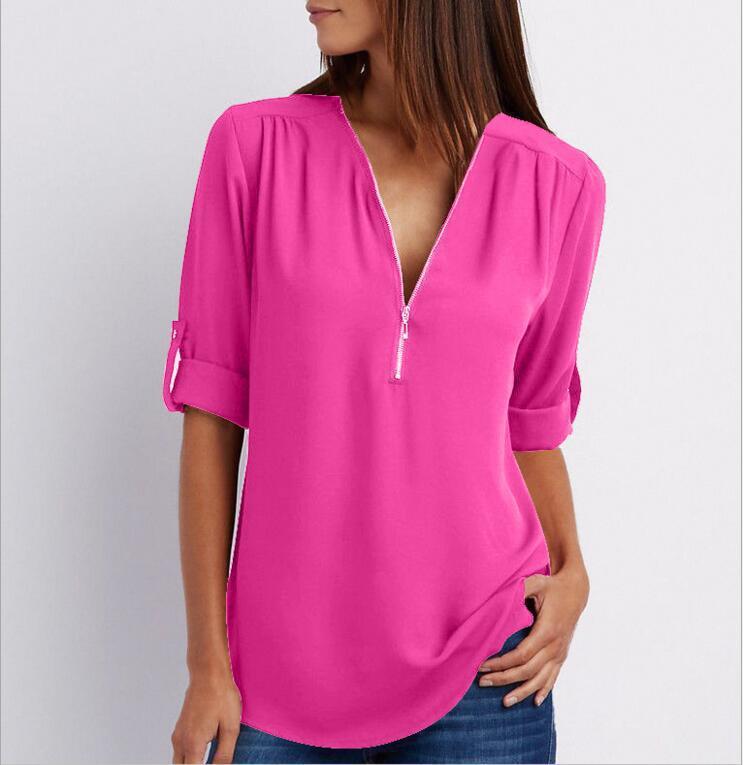 Denise – Zip V-neck Shirt Short Sleeve
