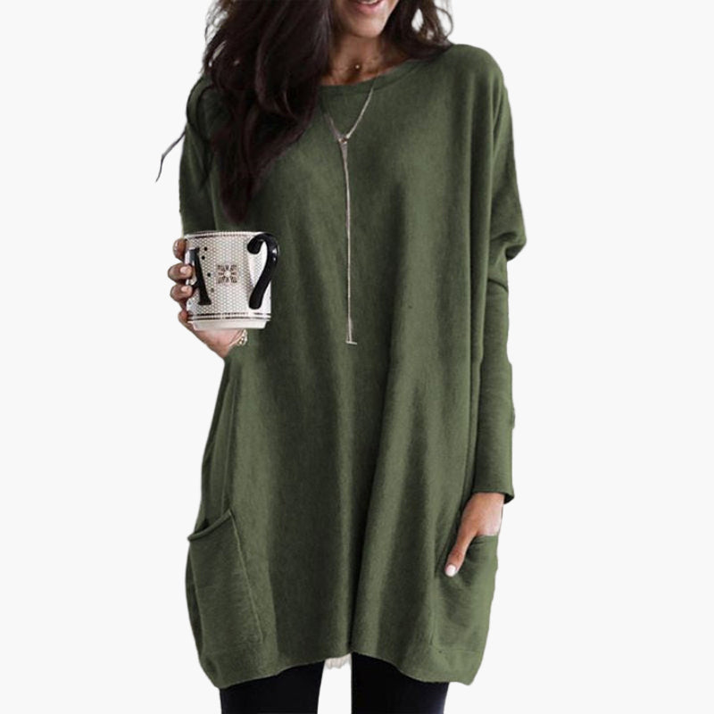 Women's Long Casual Oversized Sweater with Pockets – Comfortable Tunic for Autumn & Winter