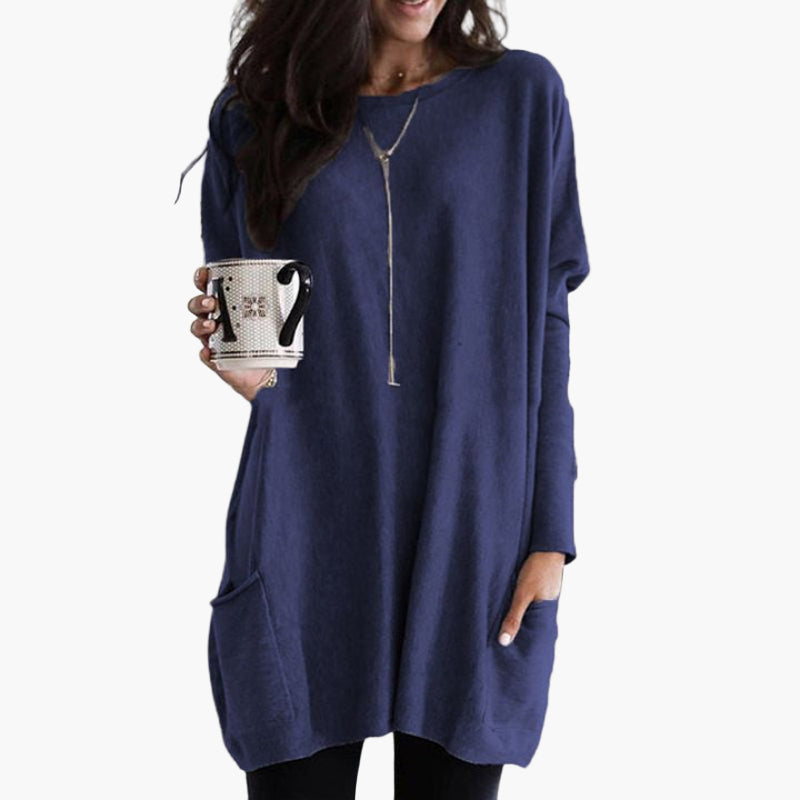 Women's Long Casual Oversized Sweater with Pockets – Comfortable Tunic for Autumn & Winter