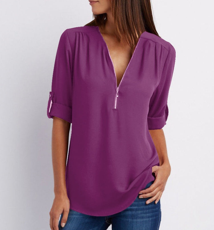 Denise – Zip V-neck Shirt Short Sleeve
