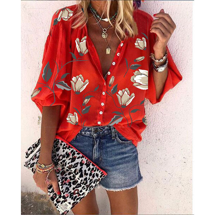 Women's Loose-Fitting Floral Blouse with Button Closure – Casual Boho Summer Look