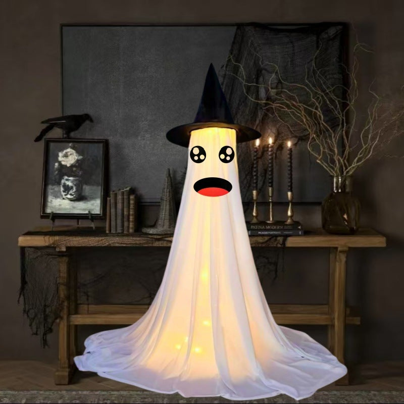 Halloween Decoration Ghost with Hat - Illuminated Ornaments for Party, Atmospheric Decoration and Trick-or-Treat