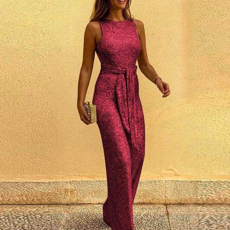 Robyn – Chic Women's Sleeveless Glitter Jumpsuit with Open Back and Bow at the Waist – Summer Style