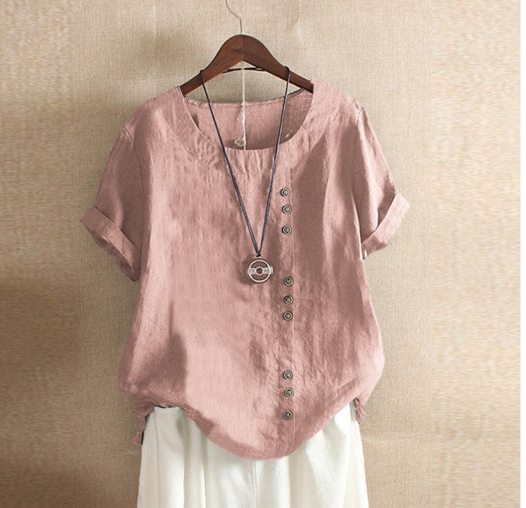 Emily – Drooping Cotton and Linen Women's T-shirt with Short Sleeves