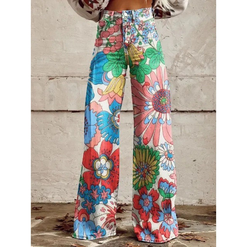 Charlotte – Printed High Waist Imitation Denim Wide Pants