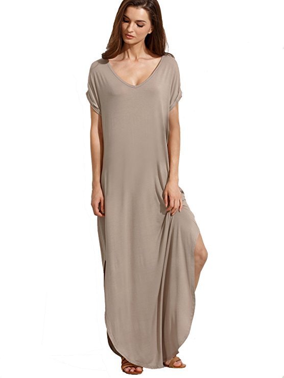 Women's Loose Maxi Dress with V-Neck – Casual Long Summer Dress with Short Sleeves