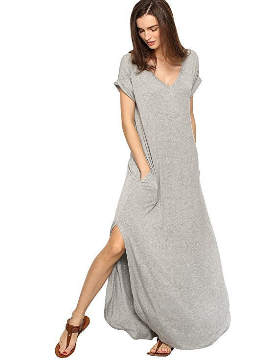 Women's Loose Maxi Dress with V-Neck – Casual Long Summer Dress with Short Sleeves