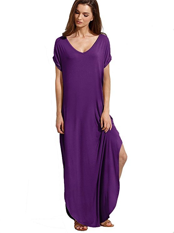 Women's Loose Maxi Dress with V-Neck – Casual Long Summer Dress with Short Sleeves
