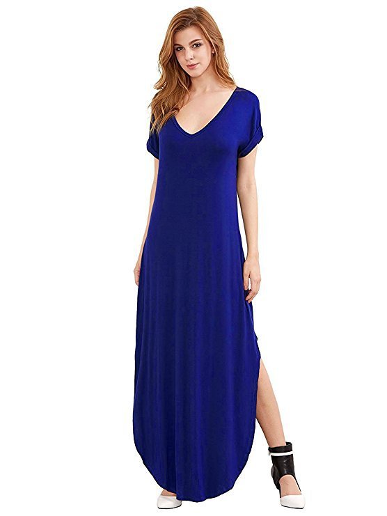 Women's Loose Maxi Dress with V-Neck – Casual Long Summer Dress with Short Sleeves