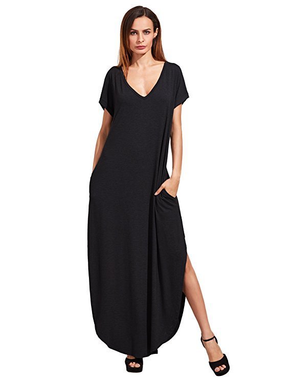 Women's Loose Maxi Dress with V-Neck – Casual Long Summer Dress with Short Sleeves