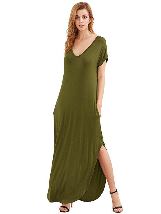 Women's Loose Maxi Dress with V-Neck – Casual Long Summer Dress with Short Sleeves