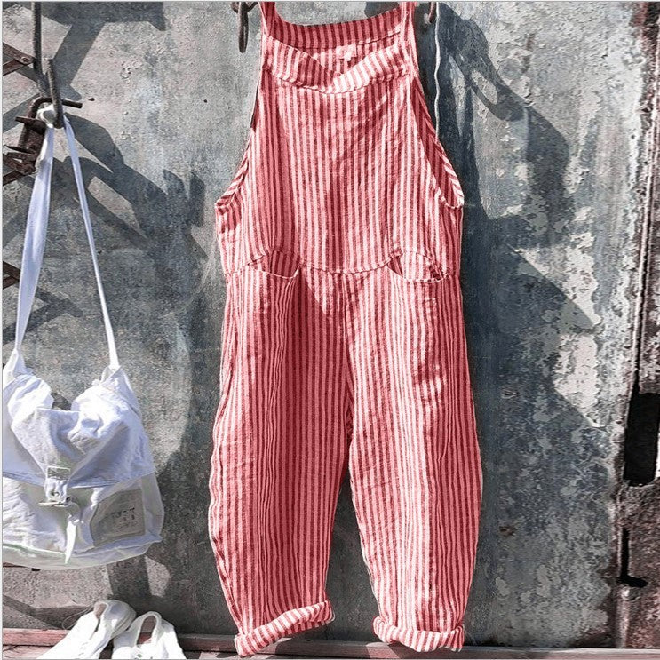 Women's Casual Striped Overalls – Comfortable Loose-Fitting Summer Jumpsuit