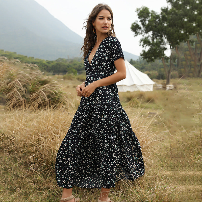 Melissa – Long Boho Summer Dress with Flowers and V-neck