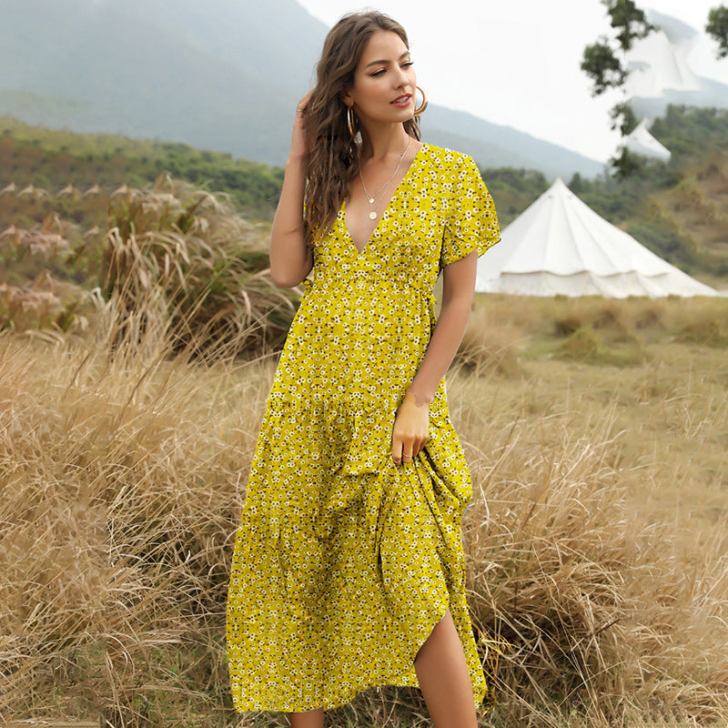 Melissa – Long Boho Summer Dress with Flowers and V-neck