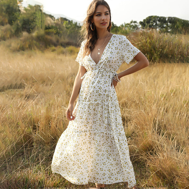 Melissa – Long Boho Summer Dress with Flowers and V-neck