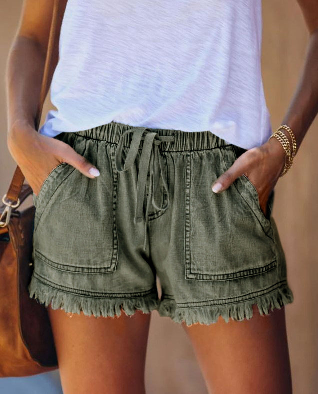 Leslie – Fringe elastic loose jeans shorts