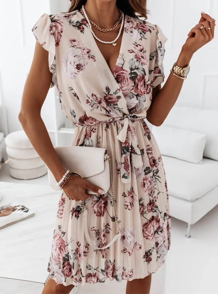 Stephanie – Floral Pleated Dress with Waist