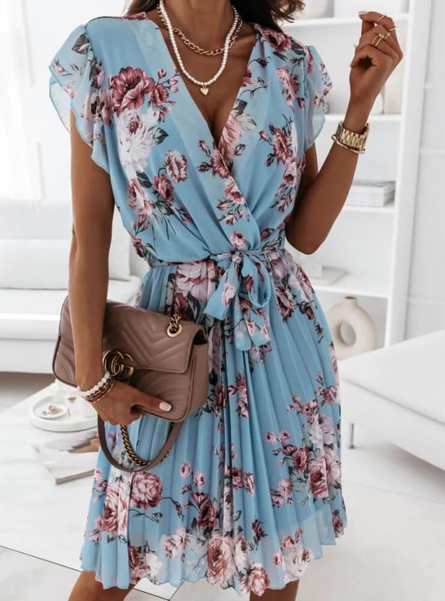 Stephanie – Floral Pleated Dress with Waist