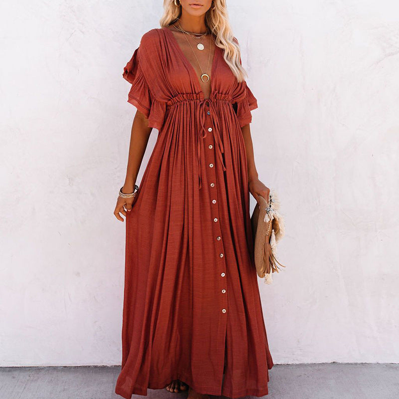 European and American V-neck Drawstring Sunscreen Shirt Beach Blouse Dress Long Skirt