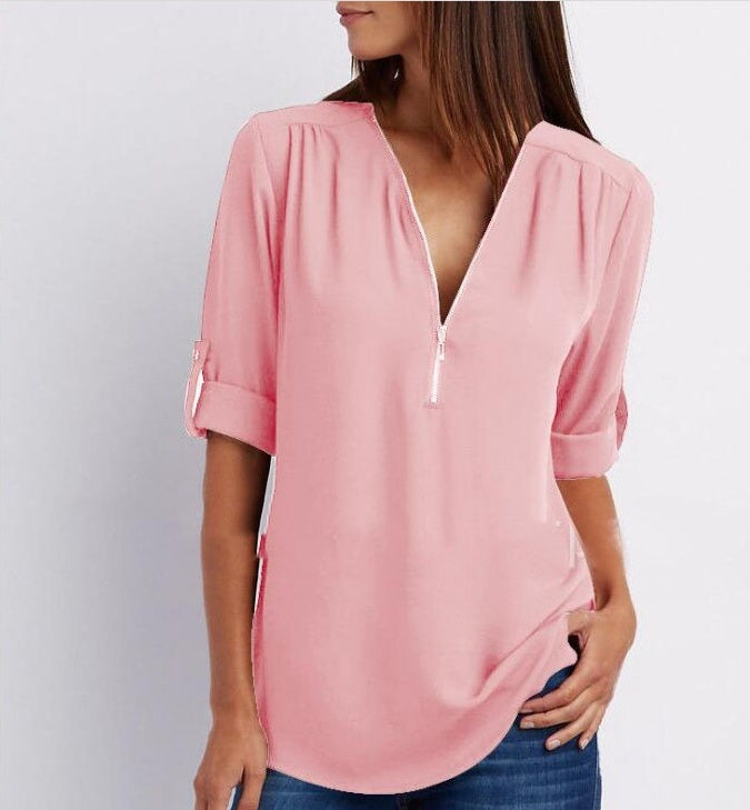 Denise – Zip V-neck Shirt Short Sleeve
