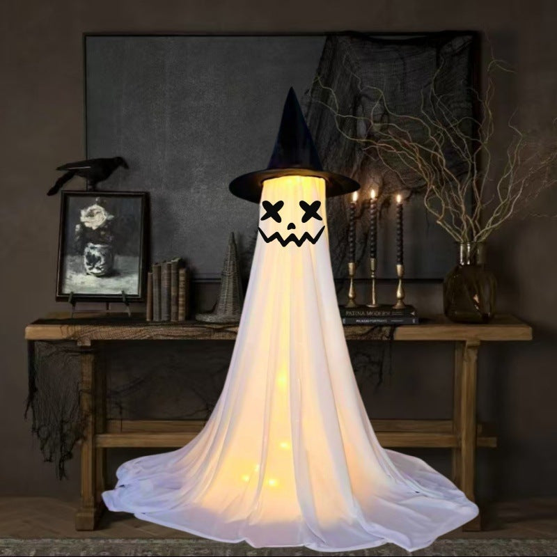 Halloween Decoration Ghost with Hat - Illuminated Ornaments for Party, Atmospheric Decoration and Trick-or-Treat