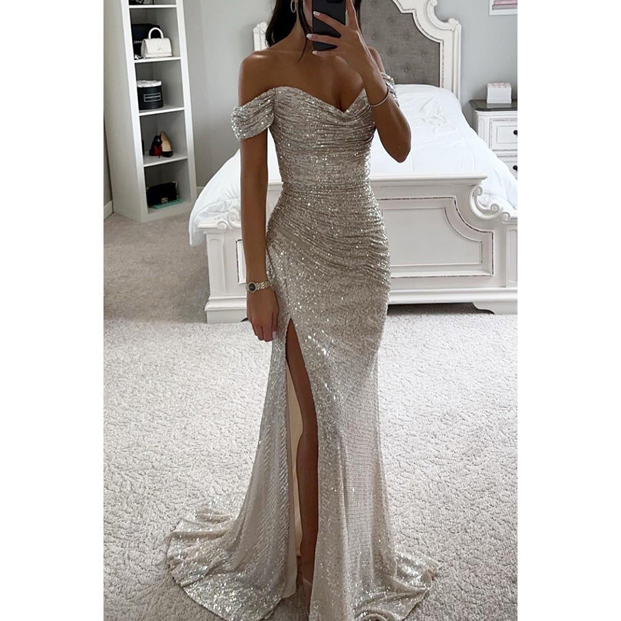 Elegant women's evening dress with off-shoulder fit and high slit