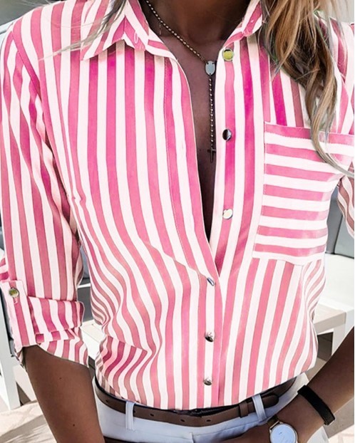 Women's Shirt with Vertical Stripes and Rolled-up Sleeves – Business & Trendy