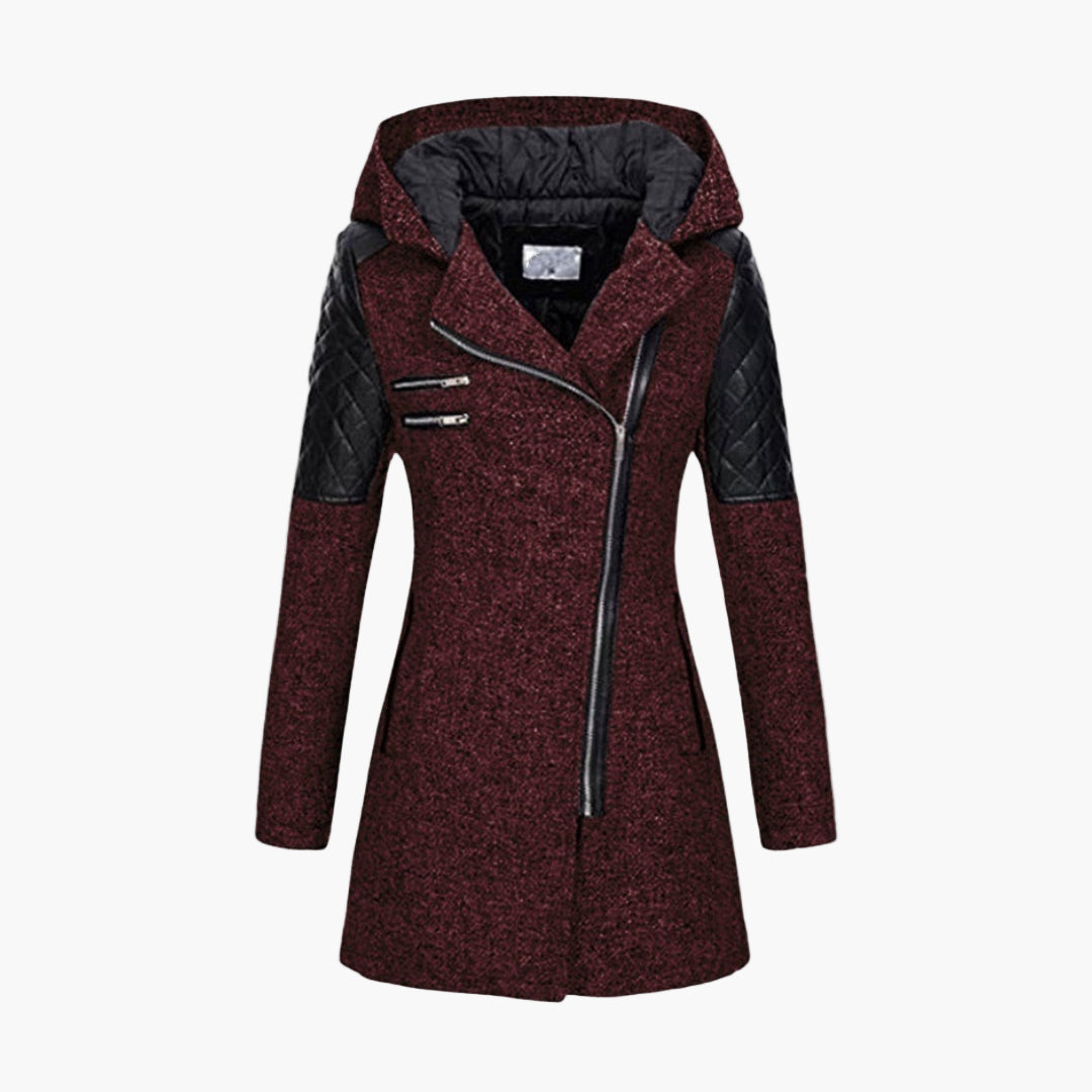 Women's Long Coat with Hood and Tweed Style – Fashionable Winter Coat with Zipper and Leather Accents