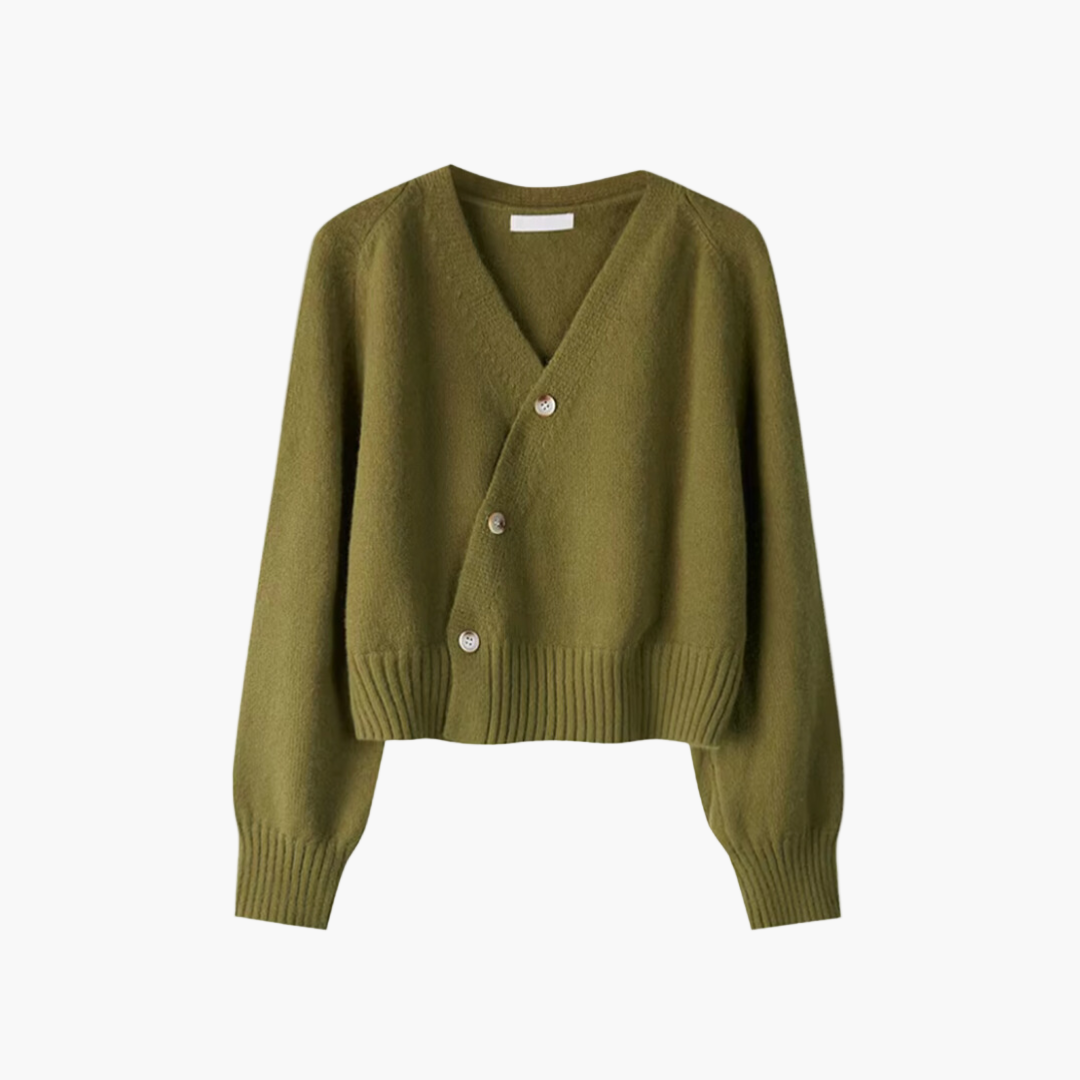 Women's V-neck Cardigan with Slanted Buttons – Modern Comfort & Stylish Design