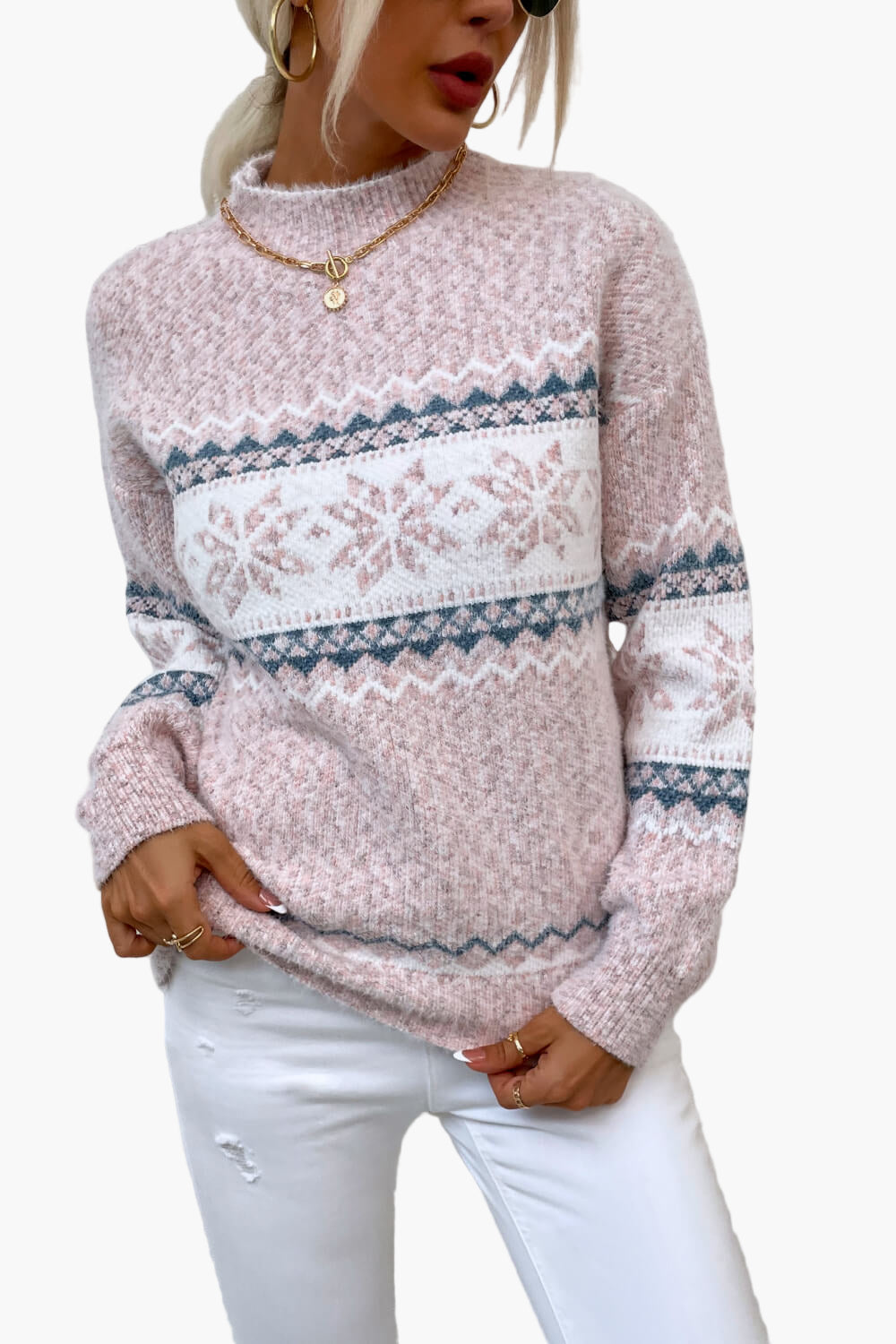 Women's Knitted Winter Sweater with Scandinavian Pattern – Comfortable Casual Snowflake Sweater