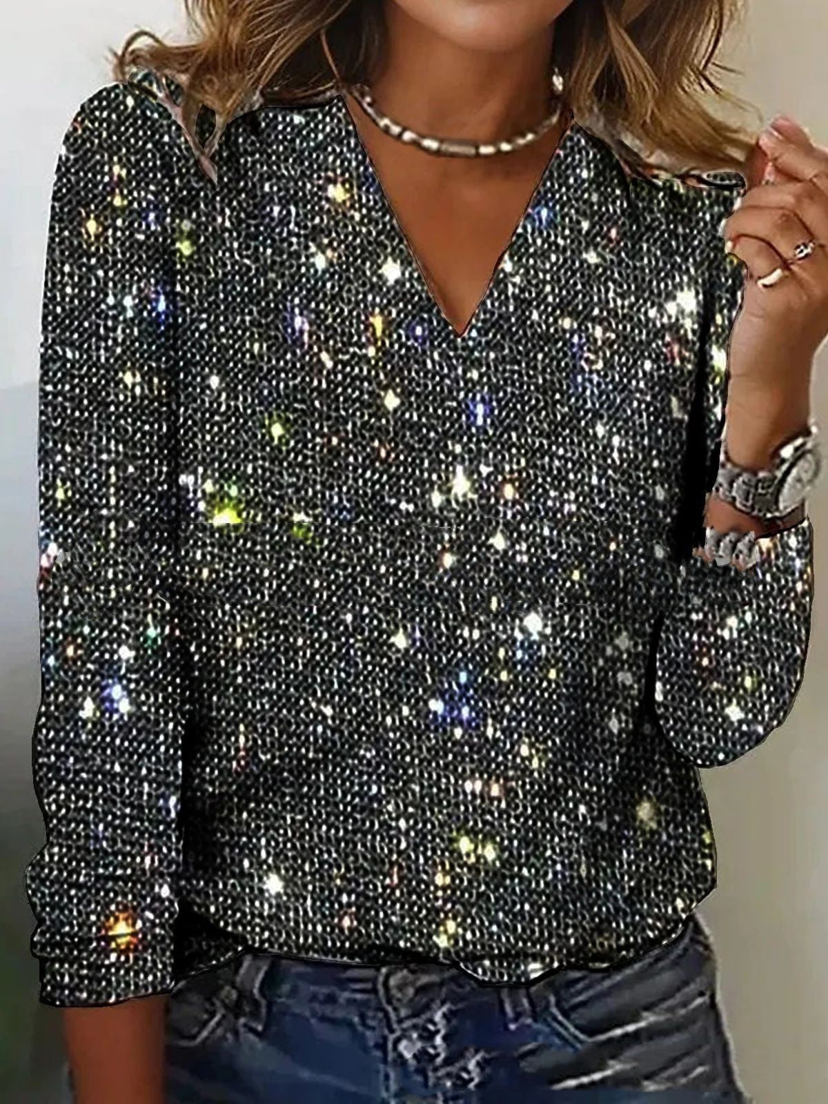 Caroline – Trendy Women's Glitter V-Neck Blouse with Long Sleeves for Spring and Summer