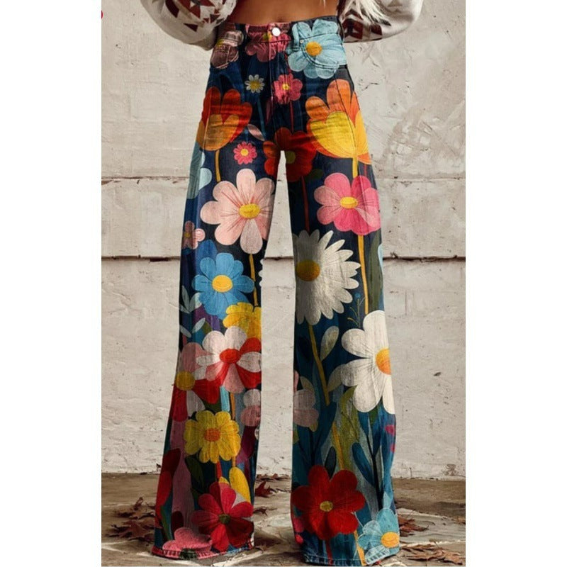Charlotte – Printed High Waist Imitation Denim Wide Pants