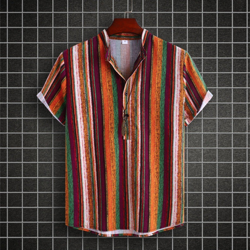 Cameron – Ethnic Style Striped Cotton-linen Shirt with Standard Collar