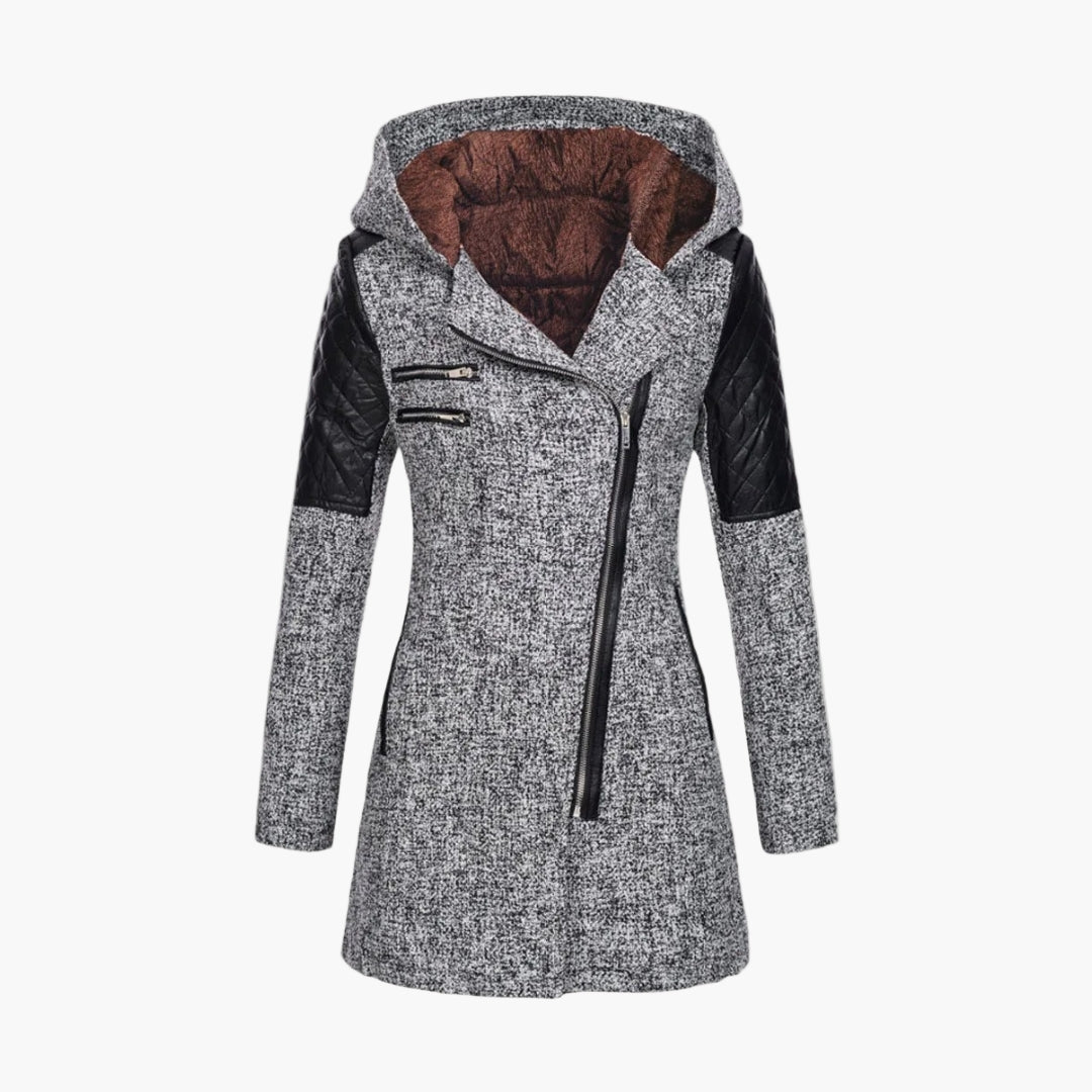 Women's Long Coat with Hood and Tweed Style – Fashionable Winter Coat with Zipper and Leather Accents