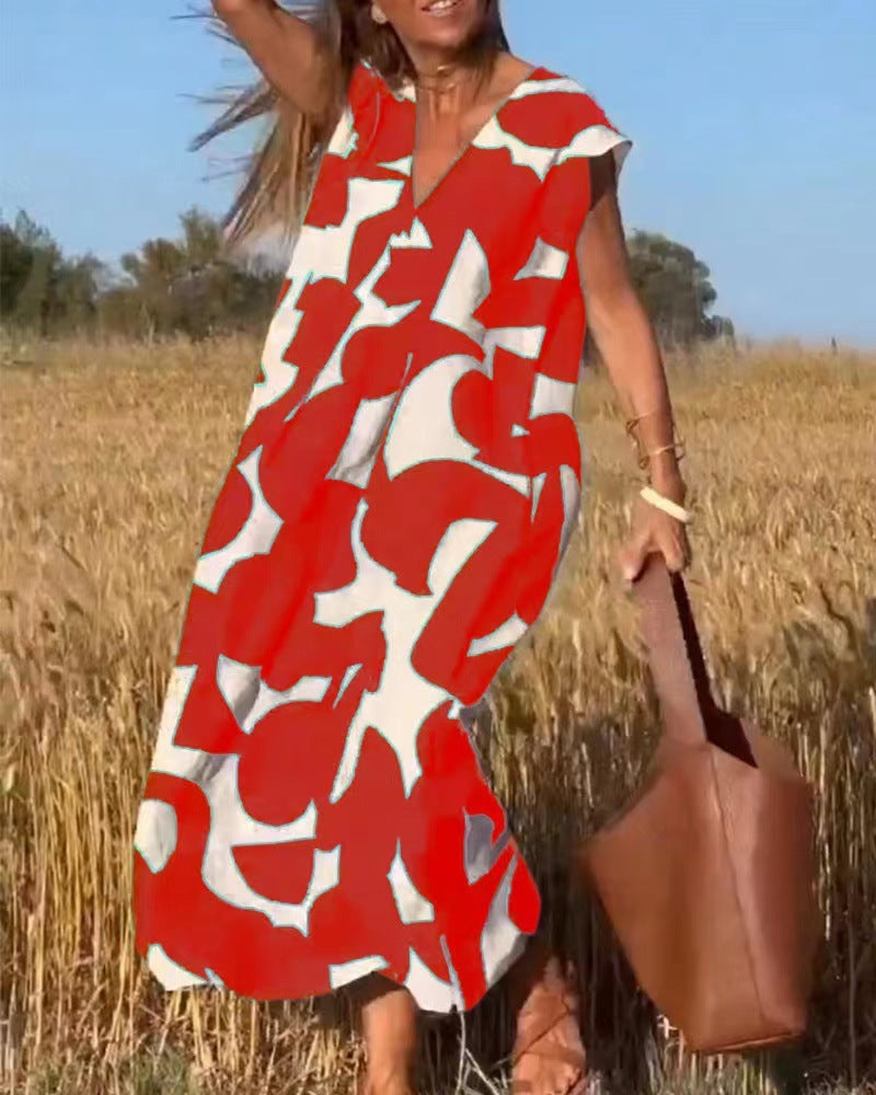 Women's Summer Maxi Dress with Graphic Design – V-Neck and Loose Fit