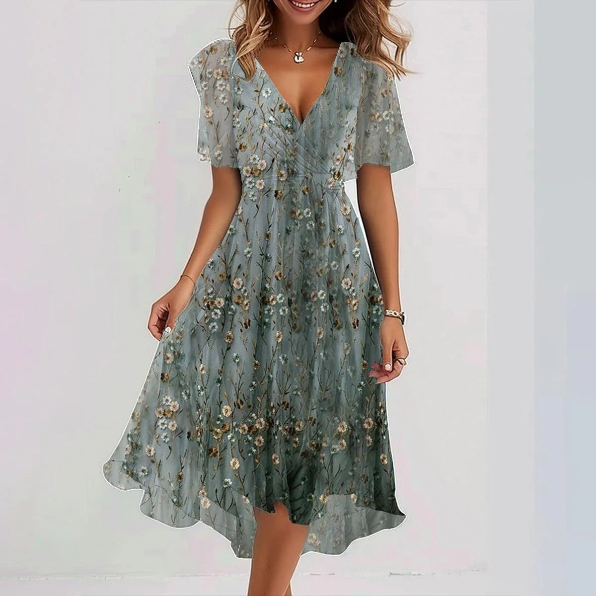 Women's wrap dress with floral pattern and elegant chiffon look