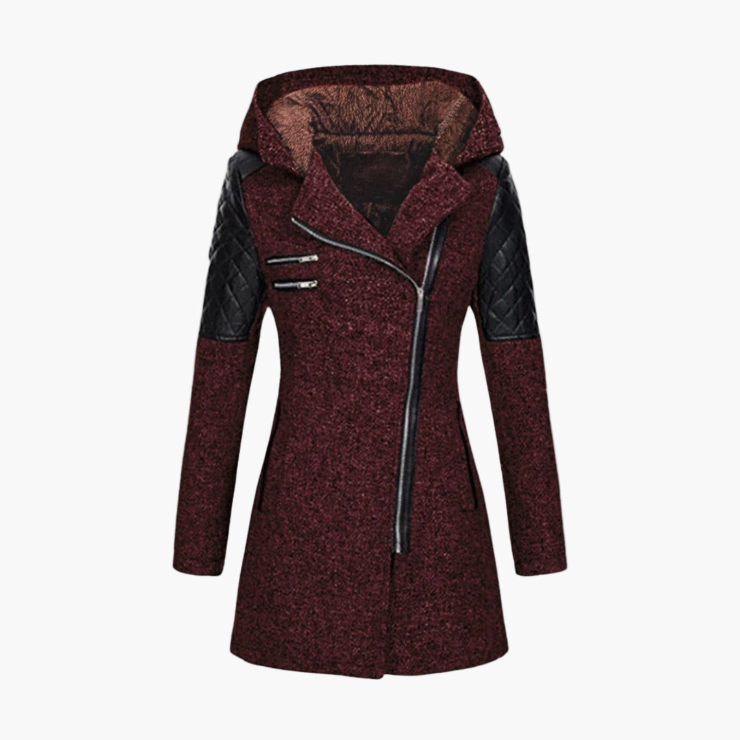 Women's Long Coat with Hood and Tweed Style – Fashionable Winter Coat with Zipper and Leather Accents