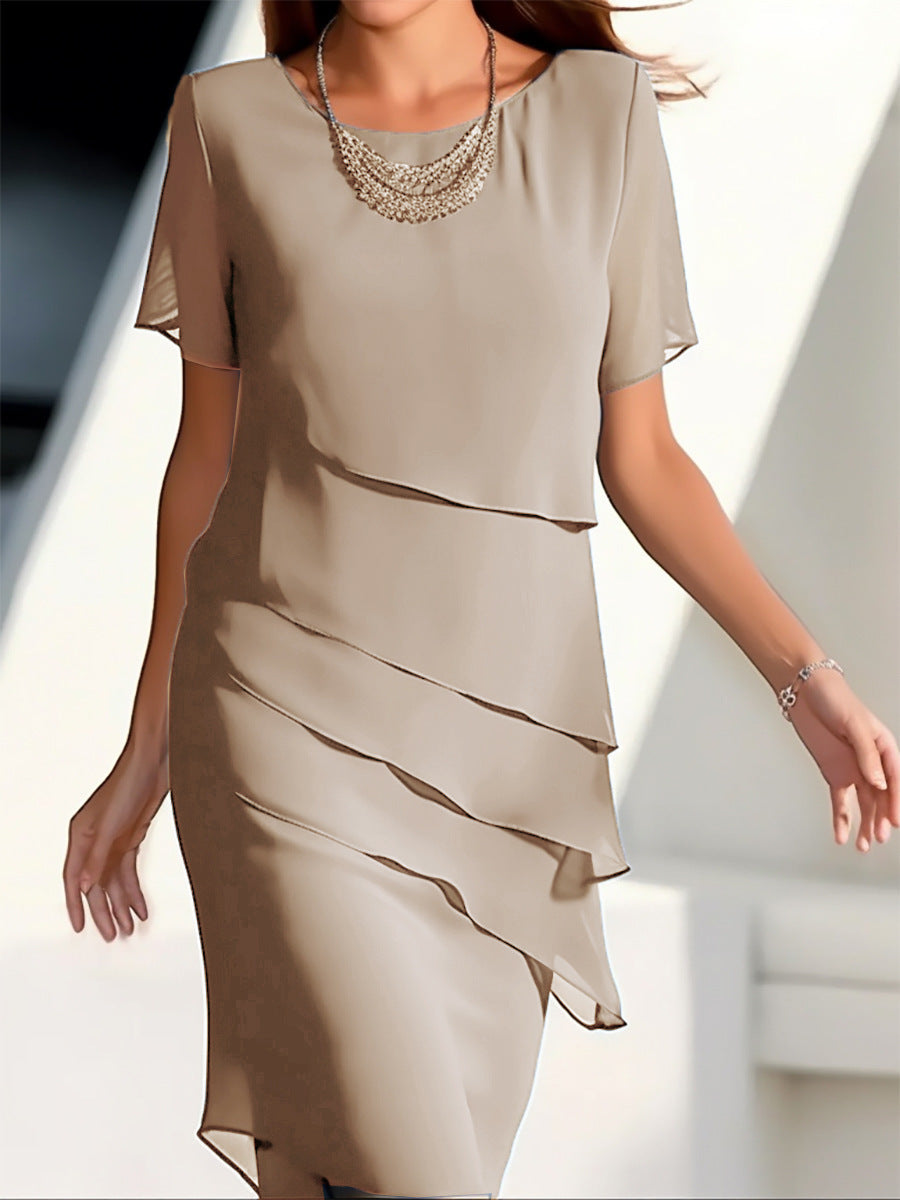 Women's layered dress with short sleeve – elegant cocktail dress for party & wedding