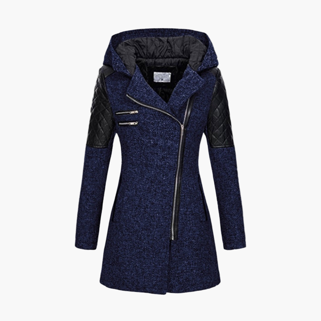 Women's Long Coat with Hood and Tweed Style – Fashionable Winter Coat with Zipper and Leather Accents